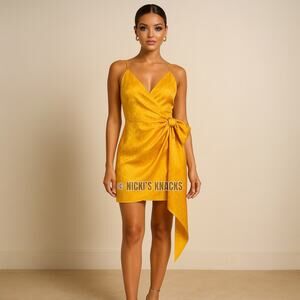 The Andamane Yellow Gold Jacquard Wrap Mini Dress Floral Bow Italy Formal Size S